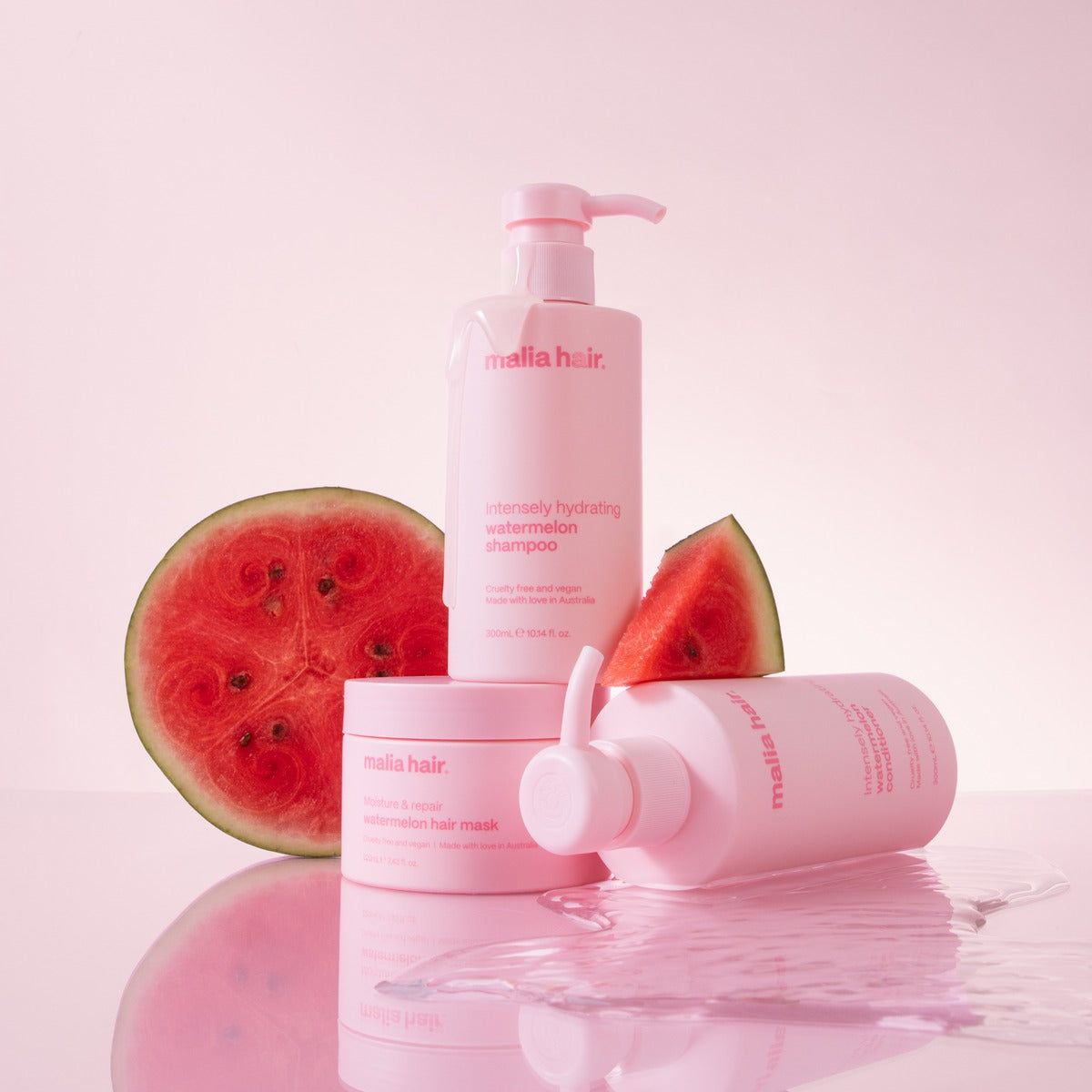 Watermelon shampoo, conditioner and hair mask with fresh watermelon